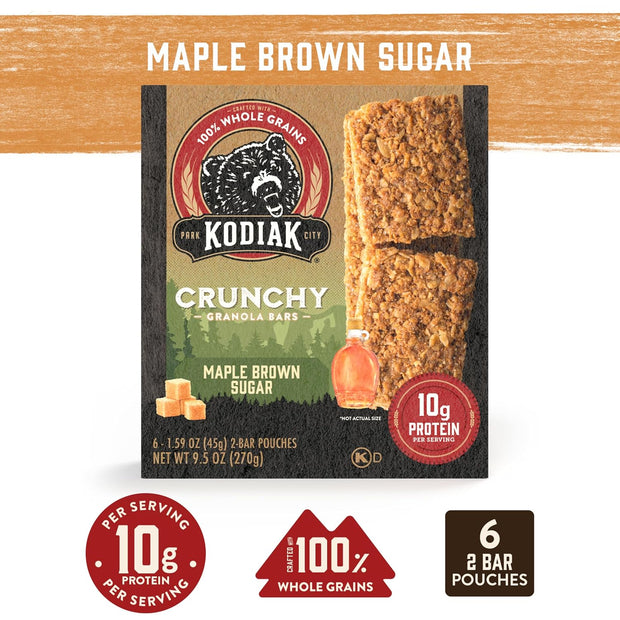 Kodiak Cakes Protein Crunchy Granola Bar, Maple Brown Sugar, (Pack of 12 Boxes)