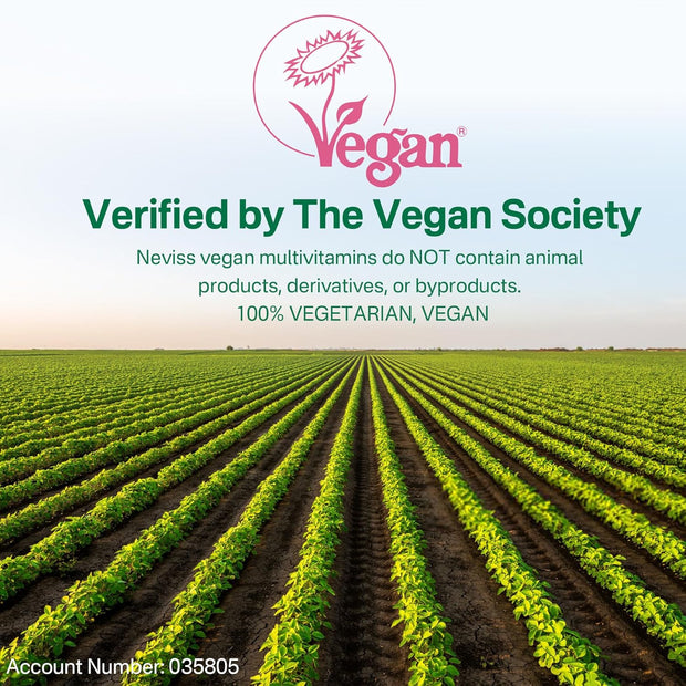 NEVISS Vegan Multivitamin for Women & Men w/Methyl B12, D3 K2, Plant Based Omega 3 (DHA+EPA), Iron, Choline, Zinc, Whole Food Daily Vitamins Gummies for Vegans & Vegetarians, Sugar Free, 60Cts