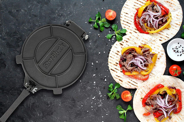 10 Inch Cast Iron Tortilla Press by StarBlue with FREE 100 Pieces Oil Paper and Digital Recipes e-book - Tool to make Indian style Chapati, Flour Tortilla, Roti