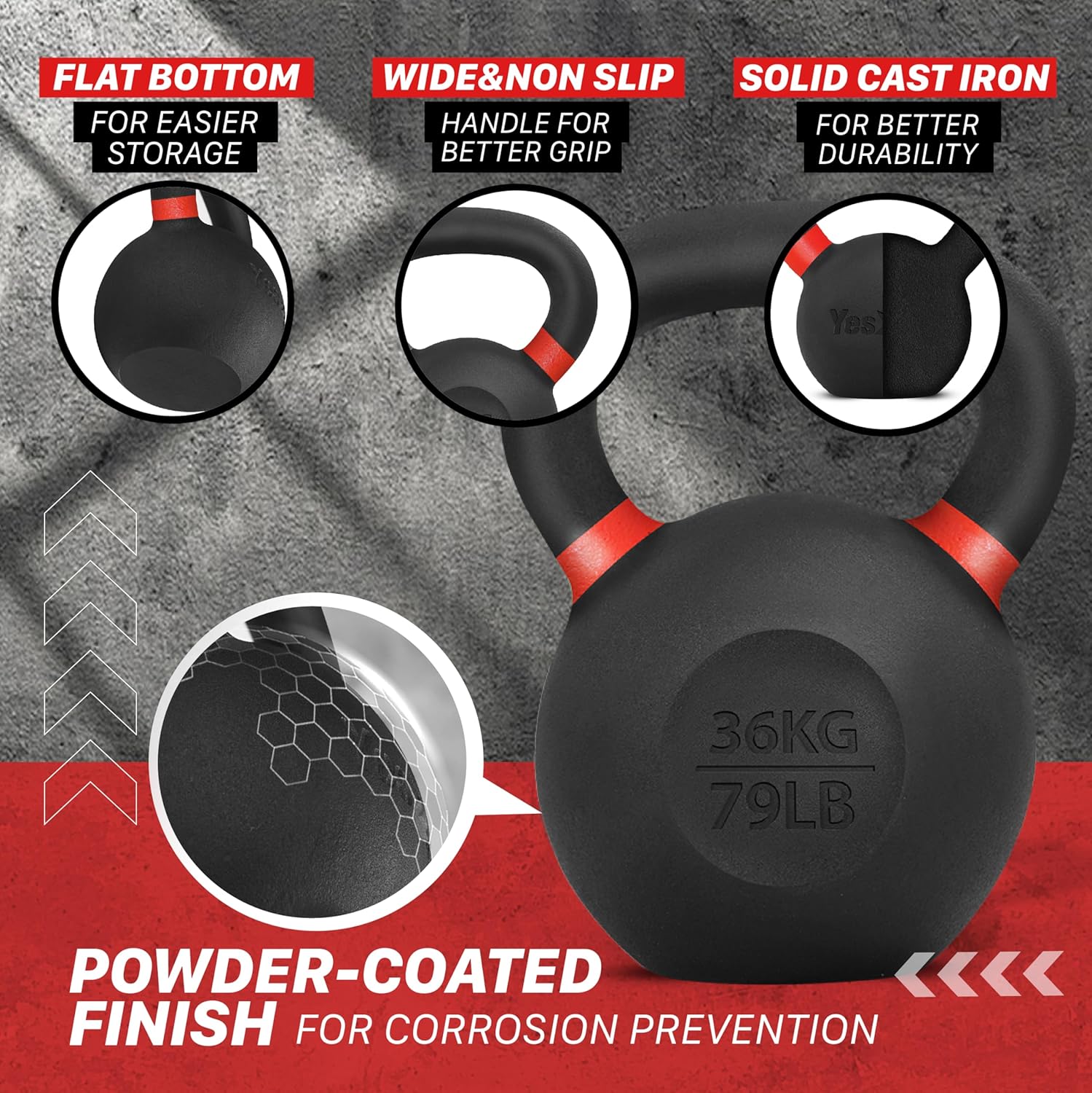 Yes4All Powder Coated Cast Iron Kettlebell Single Dark Red - 36 KG / 79 LB Strength Training Kettlebells Weight Set for Full Body Workout, Home Gym