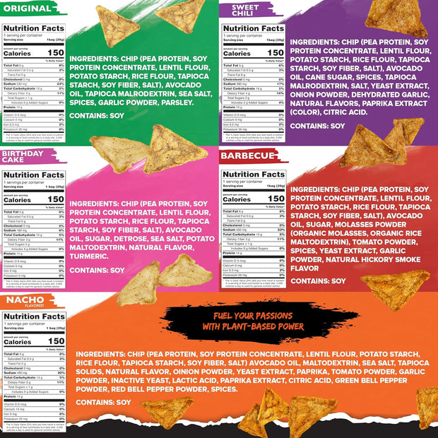 Natural Endurance Protein Chips - Low Carb Chips, High Protein Snack, Vegan Protein with Avocado Oil, 14g Protein Per Bag, Gluten Free, Nacho, BBQ, Chili, Birthday Cake, Original - Variety Pack, 1.38 oz Bags (Pack of 12)
