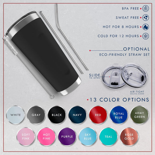 Personalized Tumblers, Stainless Steel 20 oz Tumbler w/Lid | 13 Designs | Personalized Cups Double Walled Insulated Coffee Cup for, Gym, Fitness | Hot and Cold Drink Use - Black