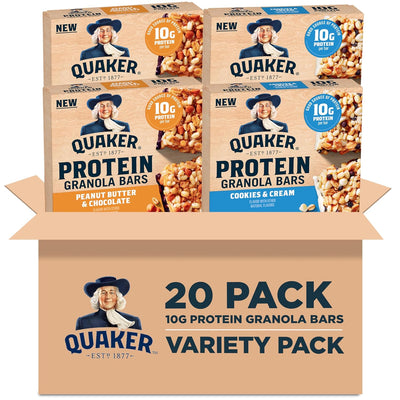 Quaker Protein Granola Bars, 2 Flavor Variety Pack, 10g Protein, 1.41 oz Bars, 20ct