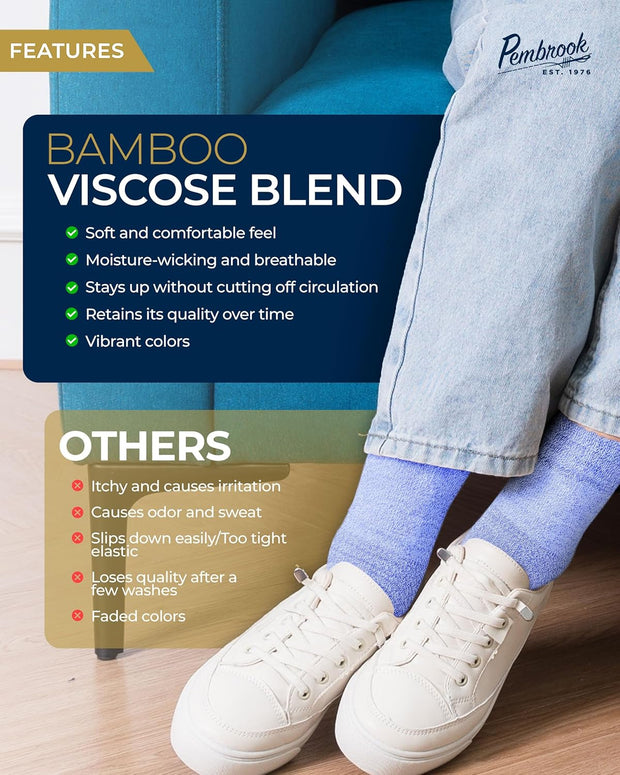 Pembrook Bamboo Viscose Diabetic Socks for Women & Men - 6 Pairs Ankle Socks for Swollen Feet | Neuropathy Socks | Edema Neuropathy Socks for Women | Diabetic Socks Women 9-12