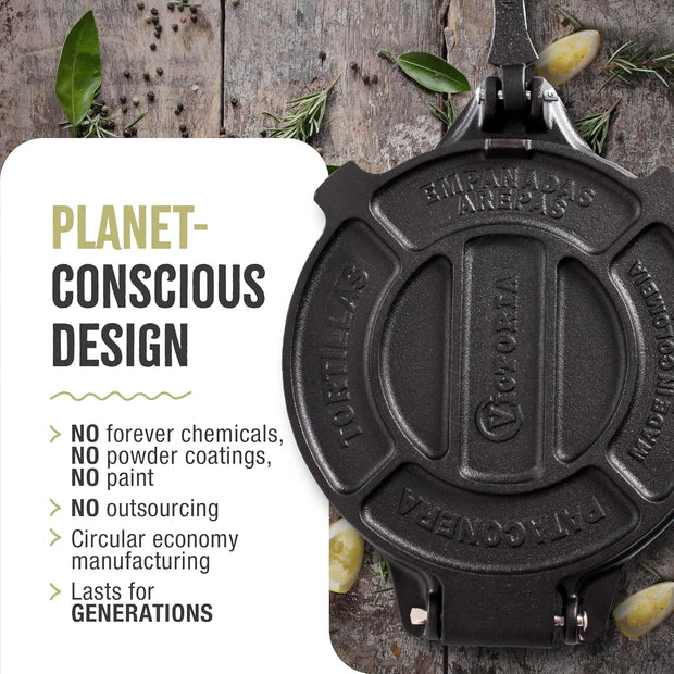 Victoria 8-Inch Cast Iron Tortilla Press HD Spherrous, Commercial-Grade Cast Iron Tortilla Maker, Roti Press, Pataconera Seasoned with Flaxseed Oil, Made in Colombia, Black