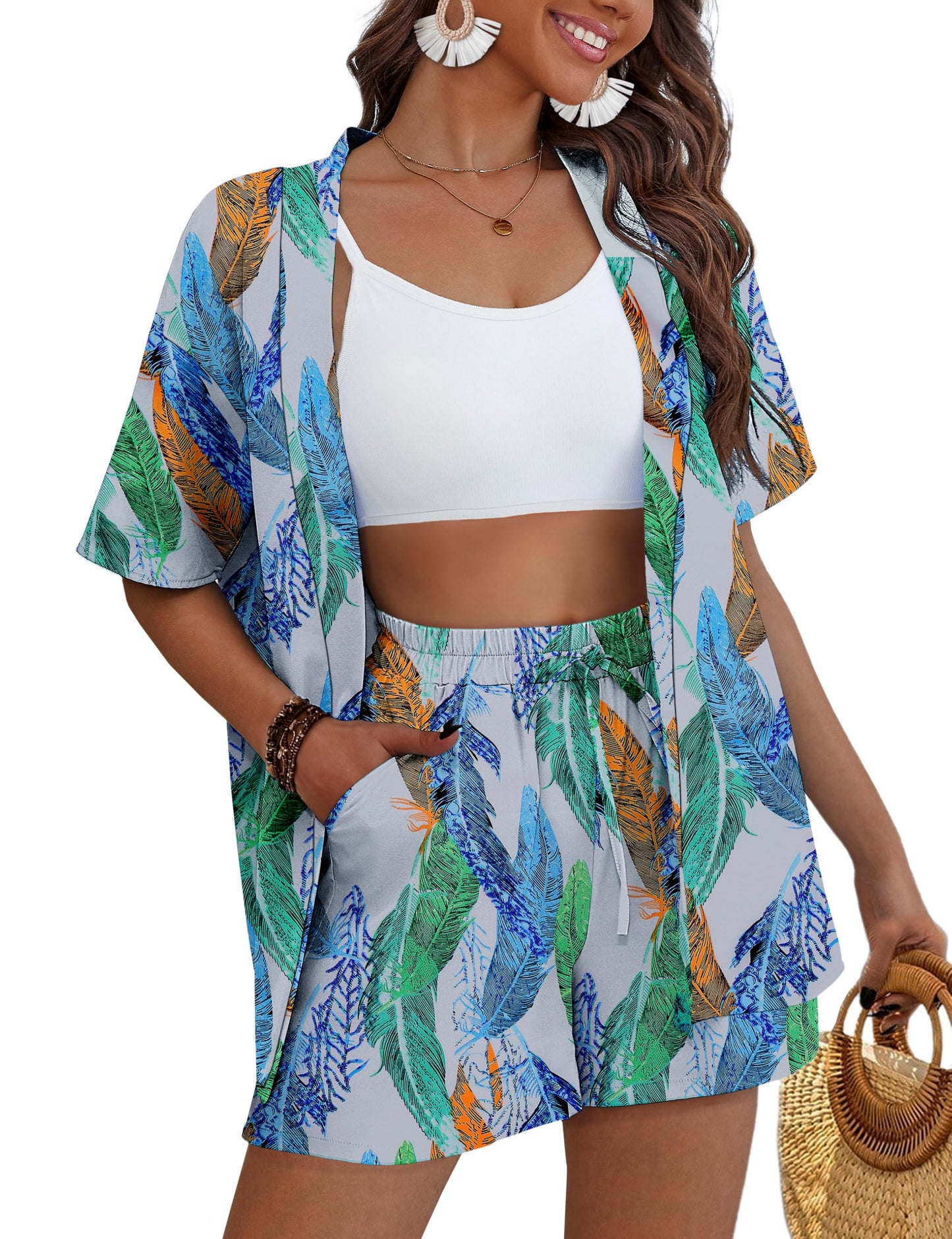 REDHOTYPE Women's 2 Piece Outfits Kimono Style Tropical Print Cover Ups Half Sleeve Blouse Shorts Set Summer Beachwear （S-XL）