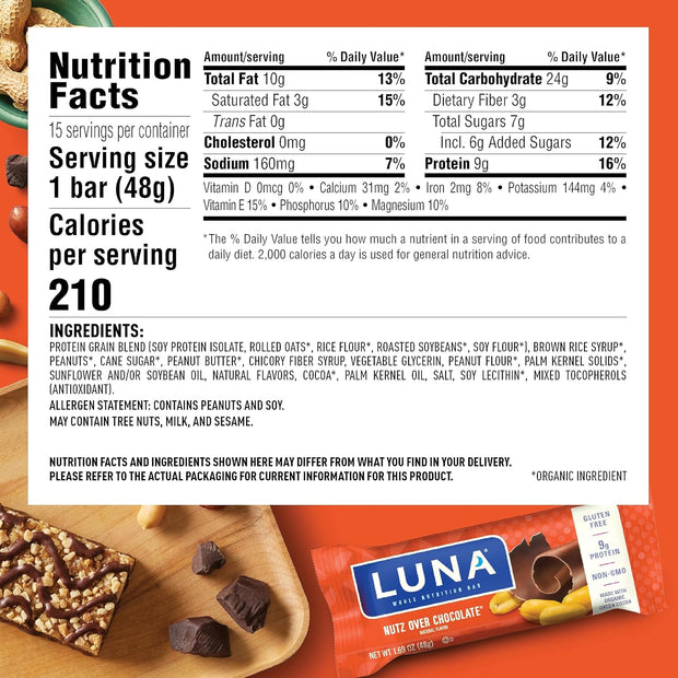 LUNA Bar - Nutz Over Chocolate Flavor - Gluten-Free - Non-GMO - 7-9g Protein - Made with Organic Oats - Low Glycemic - Whole Nutrition Snack Bars - 1.69 oz. (15 Count)