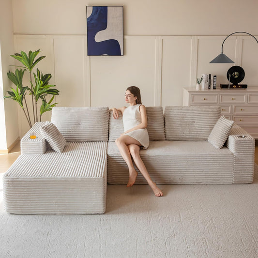MAXYOYO 110" Modular Sectional Couch with L-Shape Chaise, Modern Boneless Couch for Living Room, Sofa in A Box, Oversized Sofa Sleeper with Deep Seat, No Assembly Required, Grayish Beige