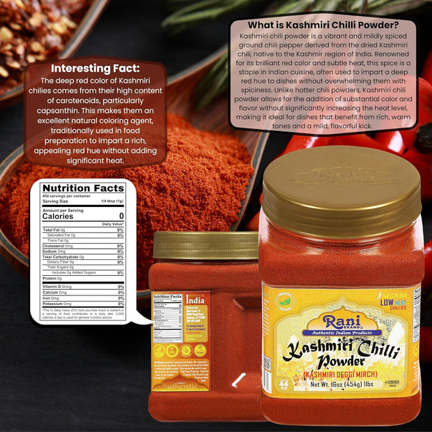 Rani Kashmiri Chilli Powder (Deggi Mirch, Low Heat) Ground Indian Spice 16oz (1lb) 454g PET Jar ~ All Natural | Salt-Free | Vegan | Kosher | Gluten Friendly