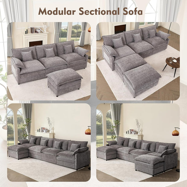 108" U Shaped Couch, Modular Sectional Sofa, 3-Seater Comfy Cloud Couch with Movable Ottoman, Deep Seat Couches for Living Room, Chenille, Slate