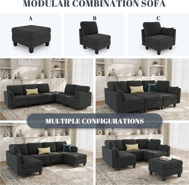Sectional Sleeper Sofa, 6 Seaters Dark Grey Modular Sleeper Sofa Couch, Comfy Sectionals Couches Bed, Convertible Sofas with Ottomans, Modular Sectional Couches for Living Room