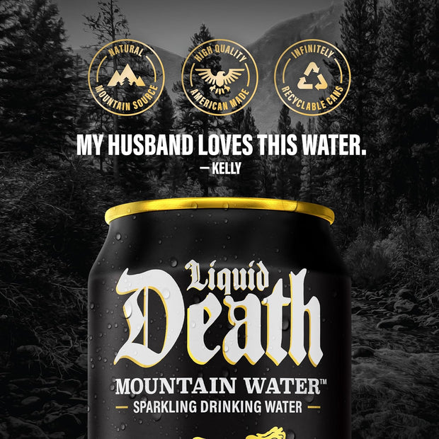 Liquid Death, Sparkling Mountain Water, 12-Pack (12oz Cans), Real Mountain Source, Infinitely Recyclable Ice-Cold Cans, American Made