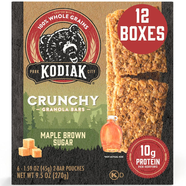 Kodiak Cakes Protein Crunchy Granola Bar, Maple Brown Sugar, (Pack of 12 Boxes)