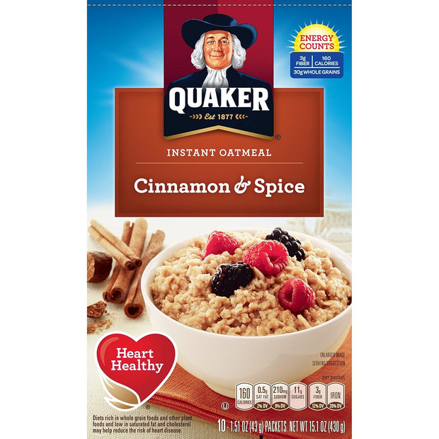 Quaker Instant Oatmeal Cinnamon & Spice, 8-Count Boxes (Pack of 4)