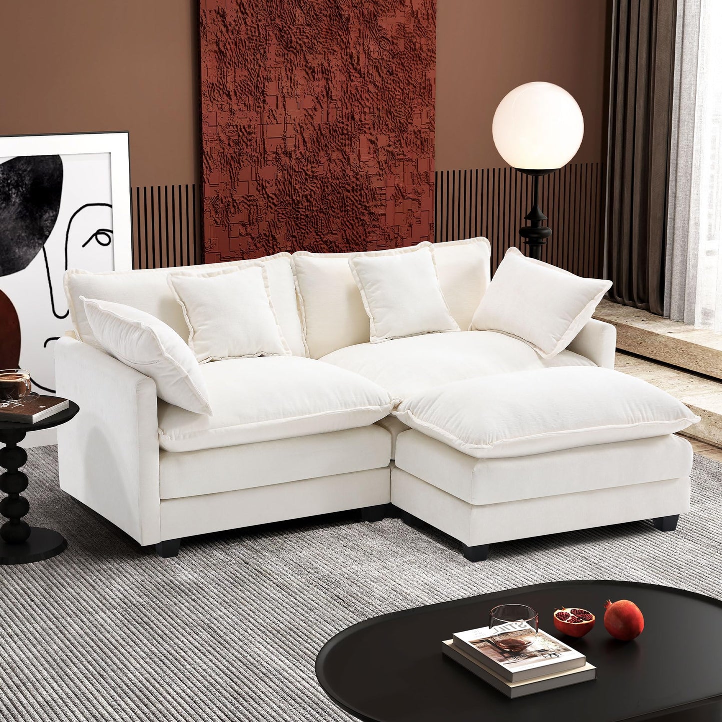 Ihanherry 146" U-Shaped Modern Sofa Modular Sectional Cloud Couch with 2 Ottoman, 6-Seat Chenille Deep Seat Sofa with 6 Pillows for Living Room, Bedroom and Apartment, Grey