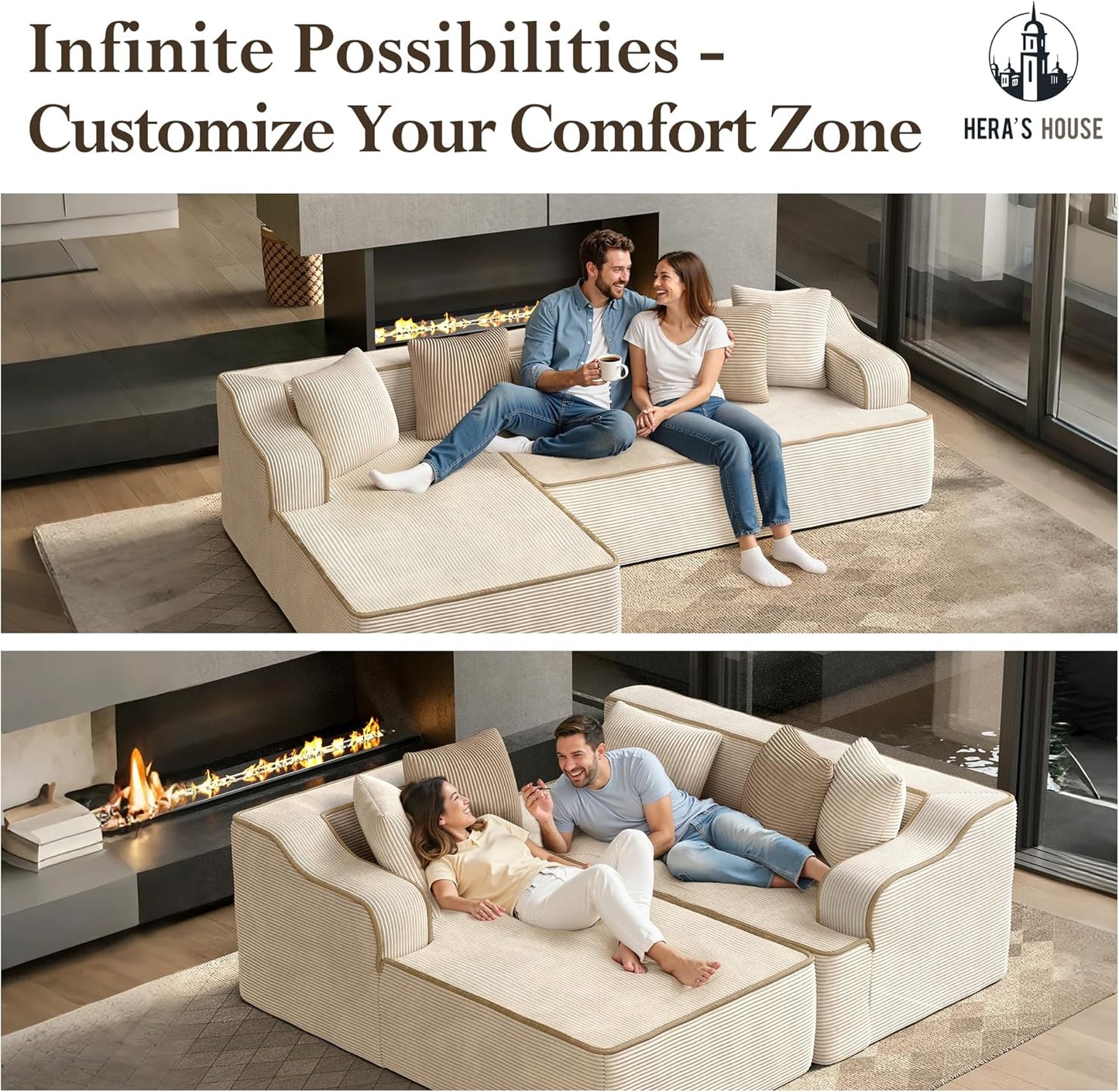 HERA'S HOUSE 104" Sofa with Chaise, L-Shaped Modern Modular Cloud Couch, Corduroy Fabric Plush Deep Seating with 5 Pillows, No Assembly Required Upholstered Living Room Furniture for Apartments