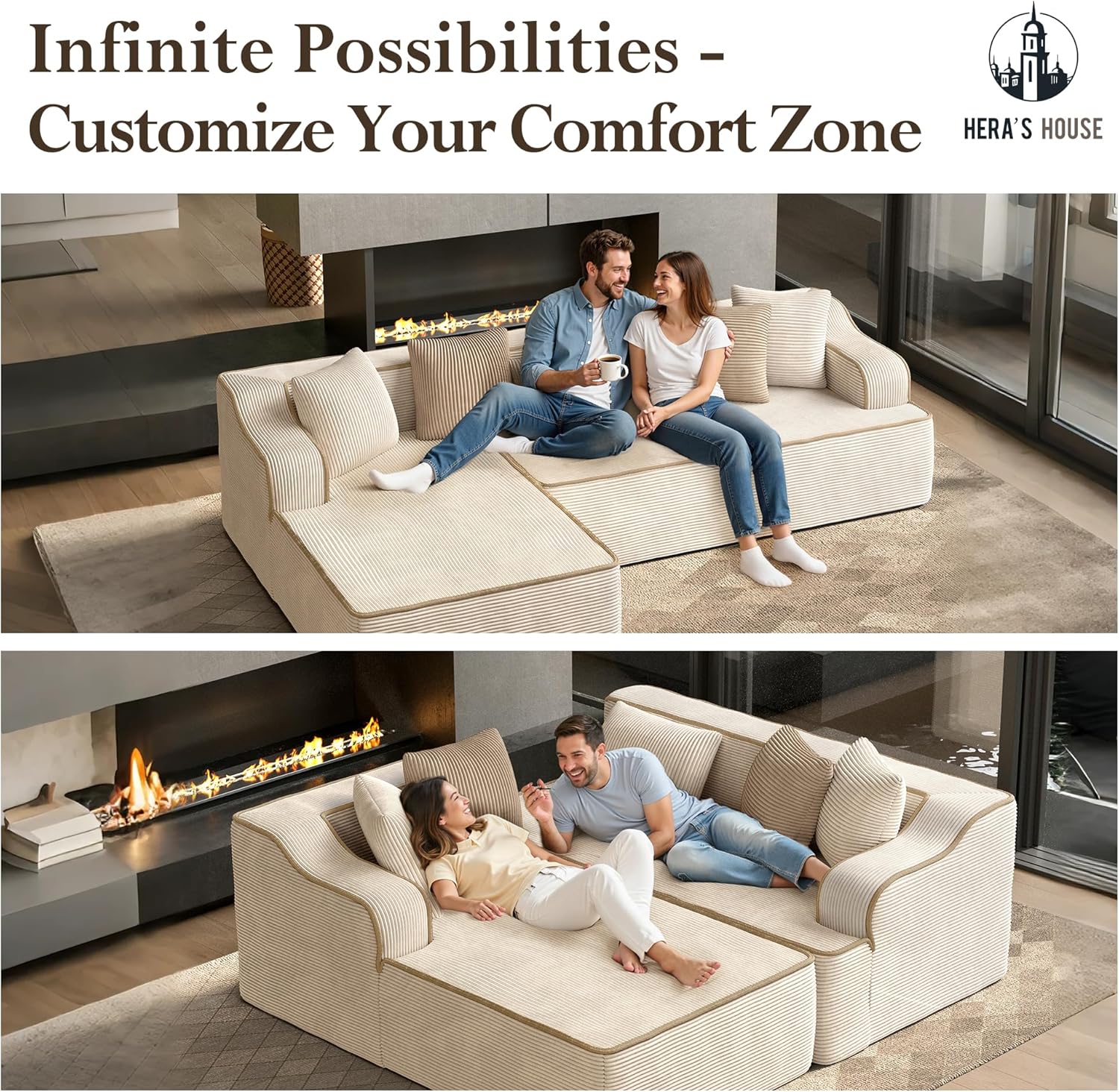 HERA'S HOUSE 104" Sofa with Chaise, L-Shaped Modern Modular Cloud Couch, Corduroy Fabric Plush Deep Seating with 5 Pillows, No Assembly Required Upholstered Living Room Furniture for Apartments