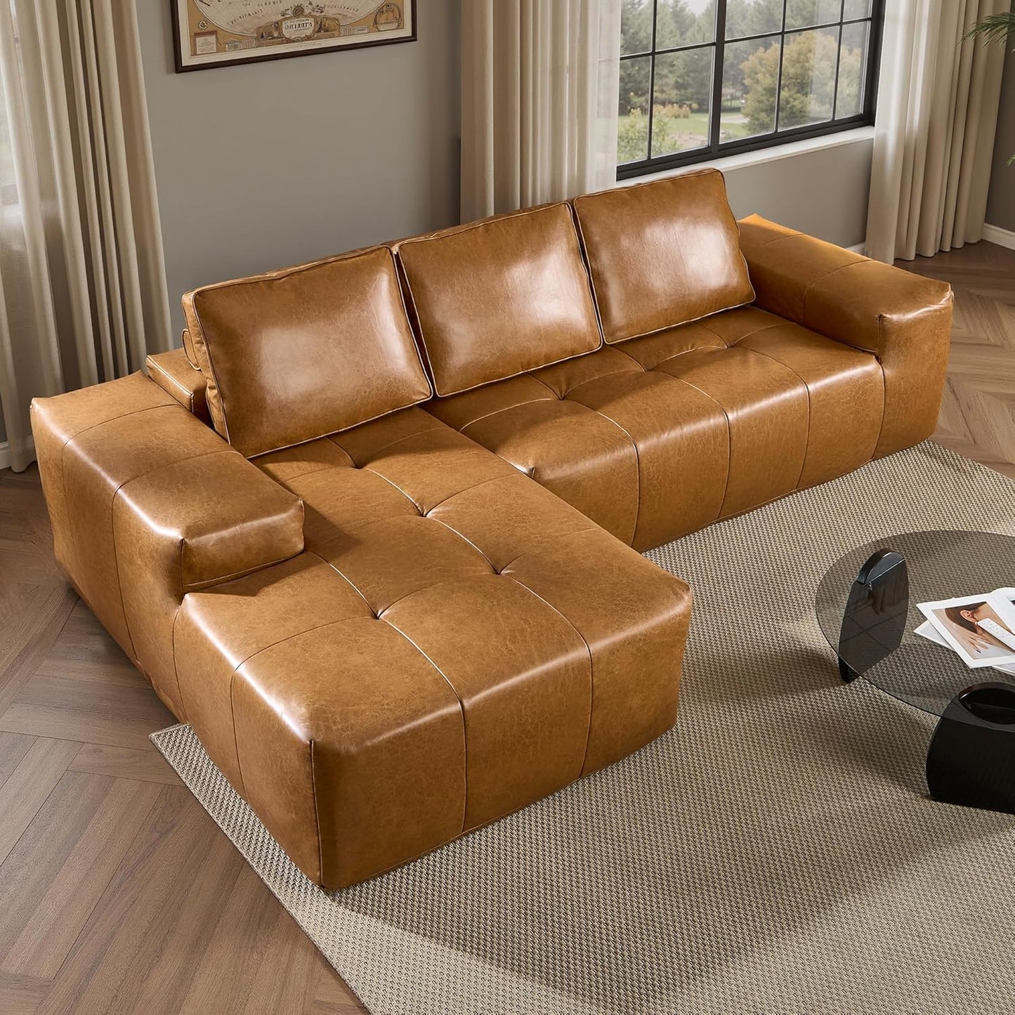 ovios Sectional Cloud Couch for Living Room, Modular Floor Sofa with Plush Corduroy, No Assembly Required, Big Comfy Couches Set with Fluffy Memory Foam, Stupendous U Shaped Sofas with Chaise, Brown