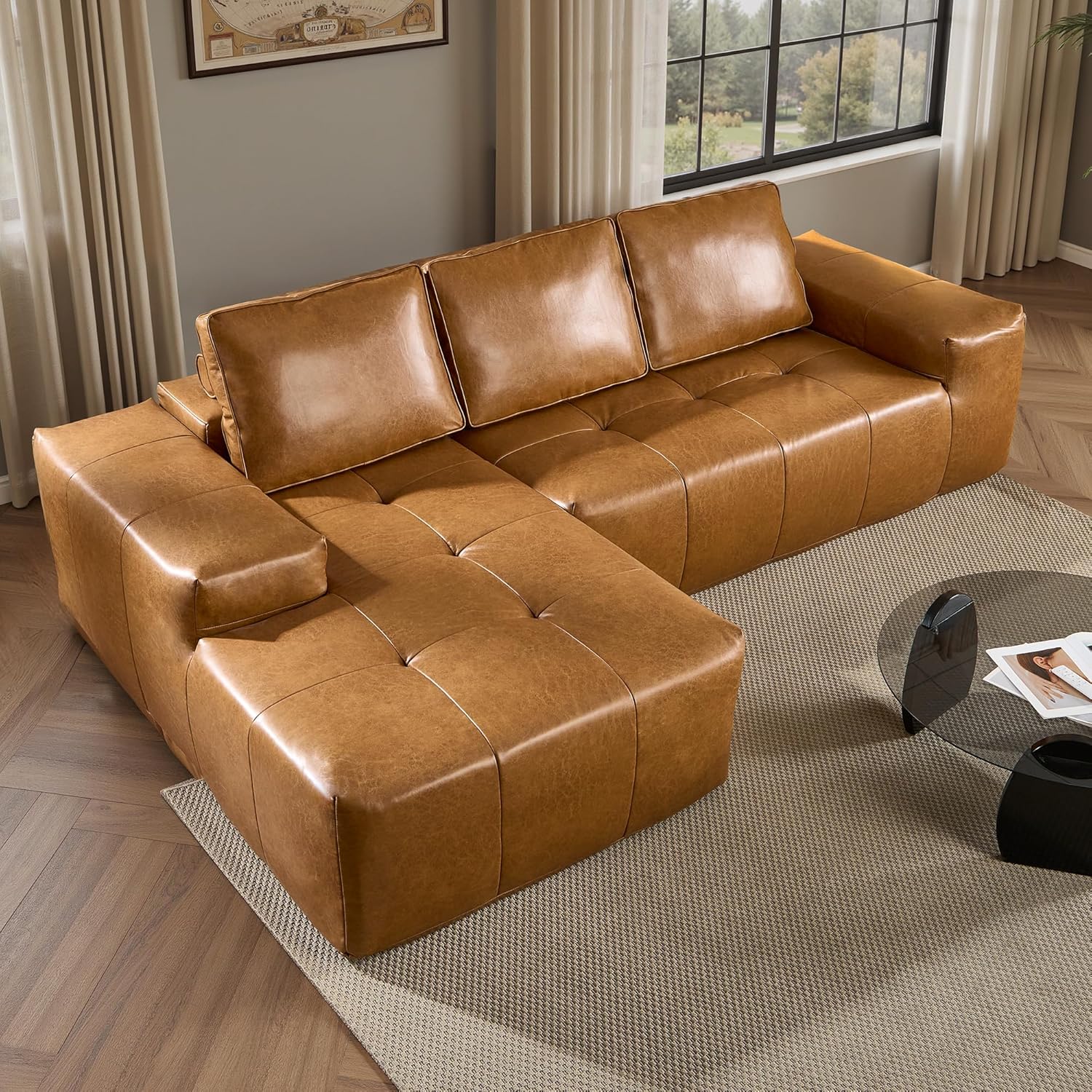ovios Sectional Cloud Couch for Living Room, Modular Floor Sofa with Plush Corduroy, No Assembly Required, Big Comfy Couches Set with Fluffy Memory Foam, Stupendous U Shaped Sofas with Chaise, Brown