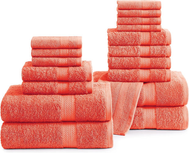 Lane Linen 100% Cotton Luxury Bath Towel Set - 18 Pieces - Ring Spun, Ultra Soft, Quick Dry & Extra Absorbent - 4 Bath, 8 Washcloths, 6 Bathroom Hand Towels - Machine Wash in Cold Water - Living Coral