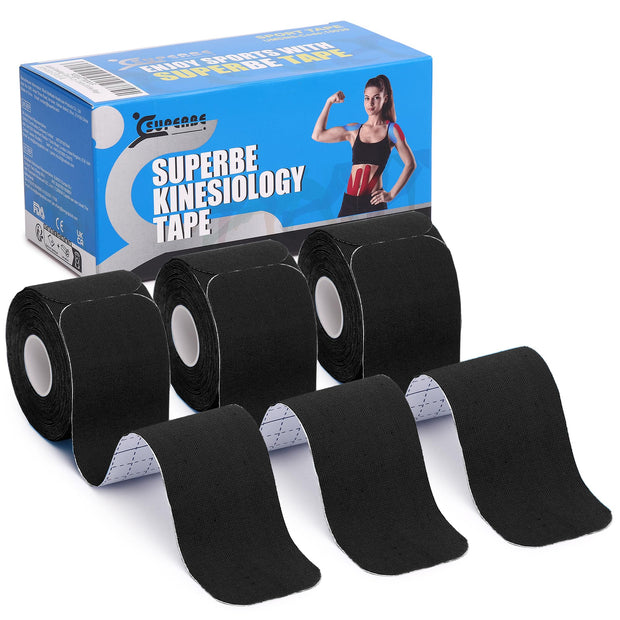 SUPERBE Precut Kinesiology Tape (3 Rolls Pack), Elastic Sports Tape for Pain Relief, Muscle Support, Recovery and Physio Therapy, Breathable, Waterproof (Black)