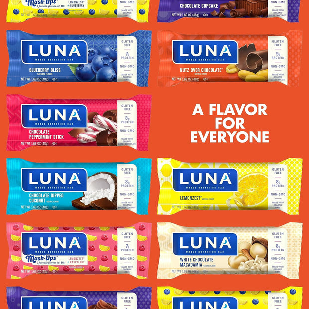LUNA Bar - Nutz Over Chocolate Flavor - Gluten-Free - Non-GMO - 7-9g Protein - Made with Organic Oats - Low Glycemic - Whole Nutrition Snack Bars - 1.69 oz. (15 Count)