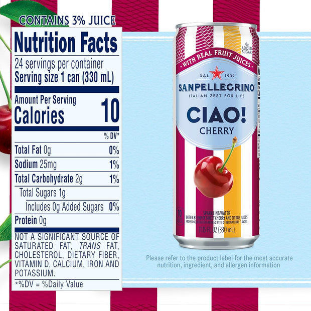 Sanpellegrino CIAO Cherry Sparkling Water, Low-Calorie Italian Sparkling Water with Real Fruit Juices, 0g Added Sugar, 24-Pack