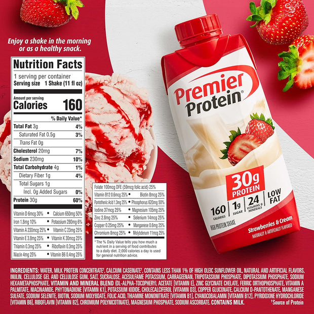 Premier Protein 30g Shakes Strawberries Cream 11 Fluid Ounces, Strawberry Shake, 44 Fl Oz, (Pack of 4)