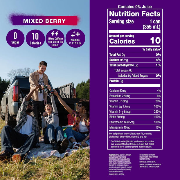 Yesly Energy Drink, Variety Pack, Naturally Flavored Sparkling Energy Drink With Electrolytes, Magnesium, Potassium, Vitamin C, B6 & B12, Natural Caffeine From Green Tea, 12 Fl Oz Cans, 12 Pack