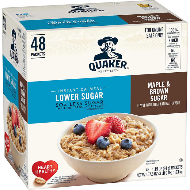 Quaker Instant Oatmeal, Lower Sugar Maple and Brown Sugar, Individual Packets, 1.19 Ounce (Pack of 48)