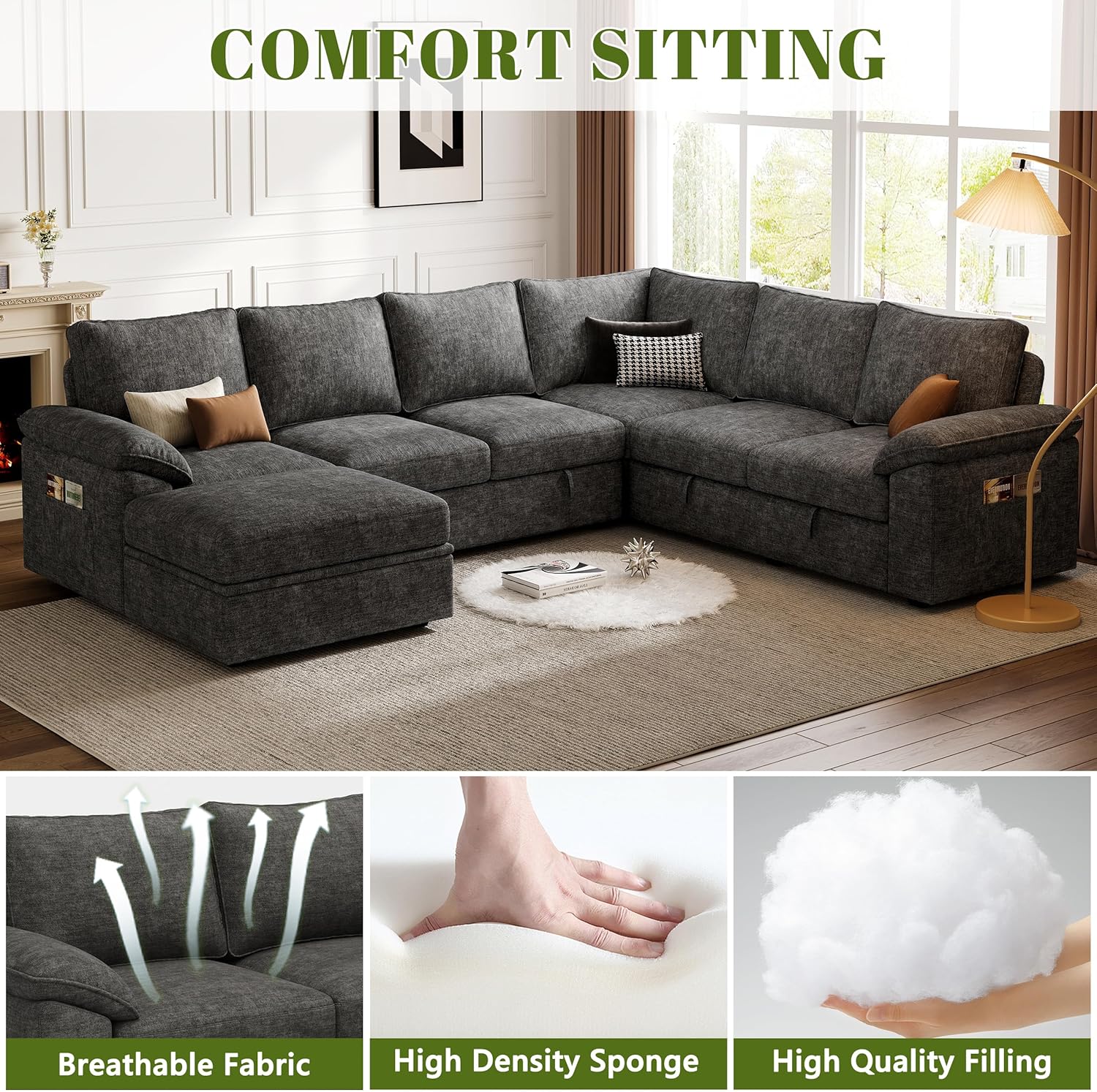 108 Inch Sectional Sleeper Sofa with Pull Out Bed, U Shaped 7 Seat Modular Sectional Sofa with Storage, Sectional Couches for Living Room, Cloud Modular Couch, Removable Sofa Cover, Dark Grey