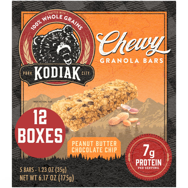 Kodiak Cakes Chewy Granola Snack Bars, S'mores, High Protein, 100% Whole Grains, 12 boxes with 5 bars each (60 bars total)