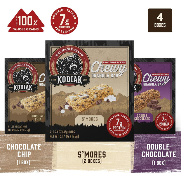 Kodiak Cakes Chewy Granola Protein Snack Bars Variety Pack, S'mores, Chocolate Chip, Double Chocolate, High Protein, 100% Whole Grains, Pack of 4 (20 bars total)