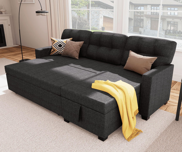 Reversible Sectional Sofa Couch, Sleeper Sofa Bed with Storage Chaise Pull Out Couch for Living Room | Hidden Stroge | Pull Out Bed | Removable Backrest | Linen Fabric, Beige