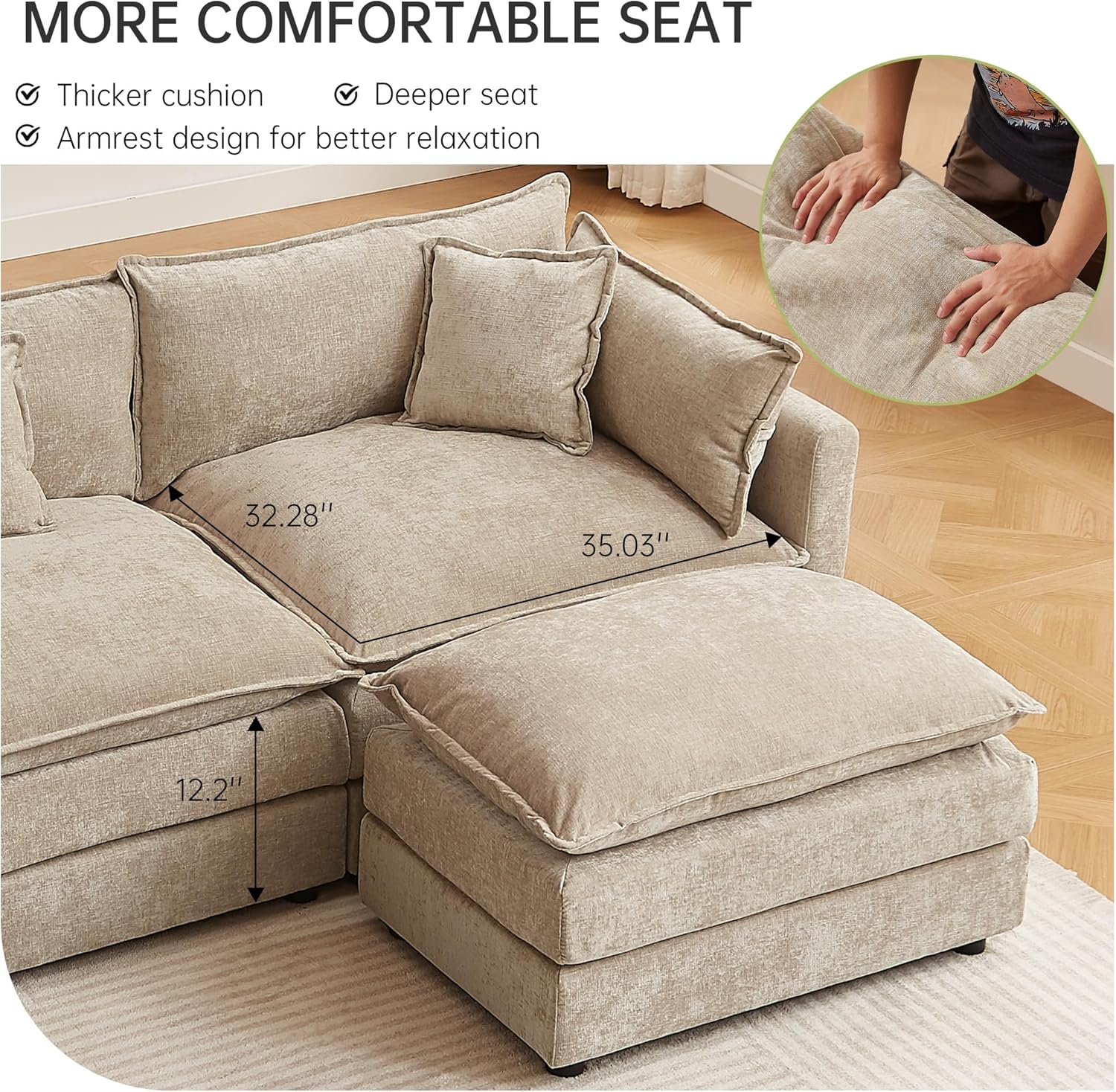 Modular Sectional Sofa, 112.2 Inch L Shaped Couch Set with Armrests, 3-Seater Comfy Cloud Couches with Movable Ottoman for Living Room Apartment, Coffee with 1 Ottoman
