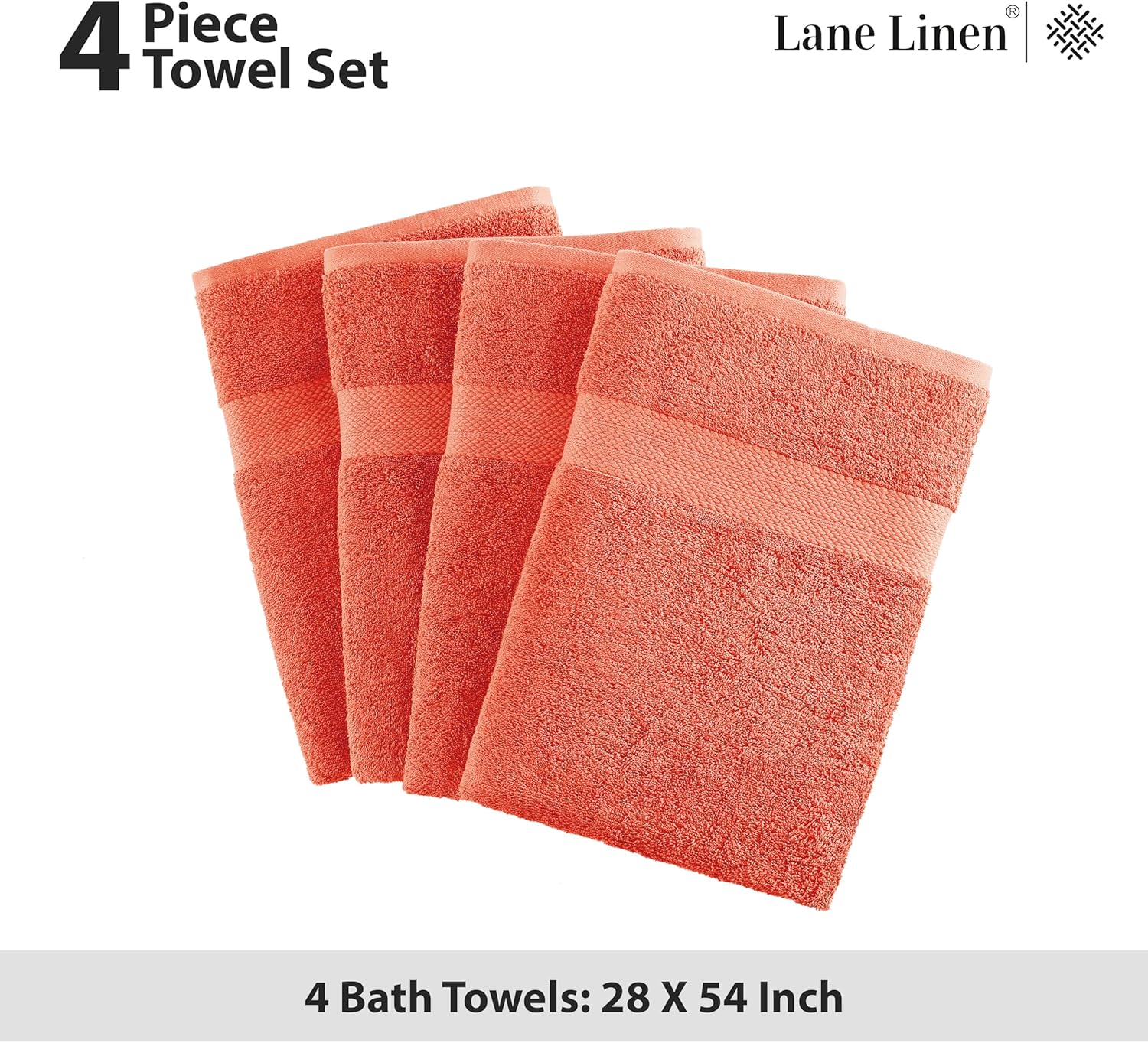 LANE LINEN 100% Cotton Ring Spun Bath Towels (28"x54") - 4 Pieces - Large Towels for Bathroom - Quick Drying, Soft & Absorbent Large Shower Towel Set - Used in Gym, Hotel, Spa, Home - Living Coral