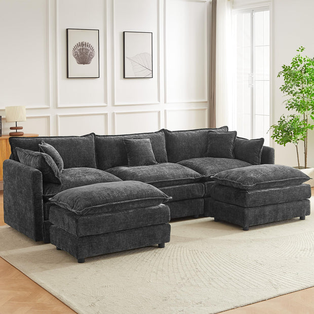 Modular Sectional Sofa, 112.2 Inch L Shaped Couch Set with Armrests, 3-Seater Comfy Cloud Couches with Movable Ottoman for Living Room Apartment, Coffee with 1 Ottoman