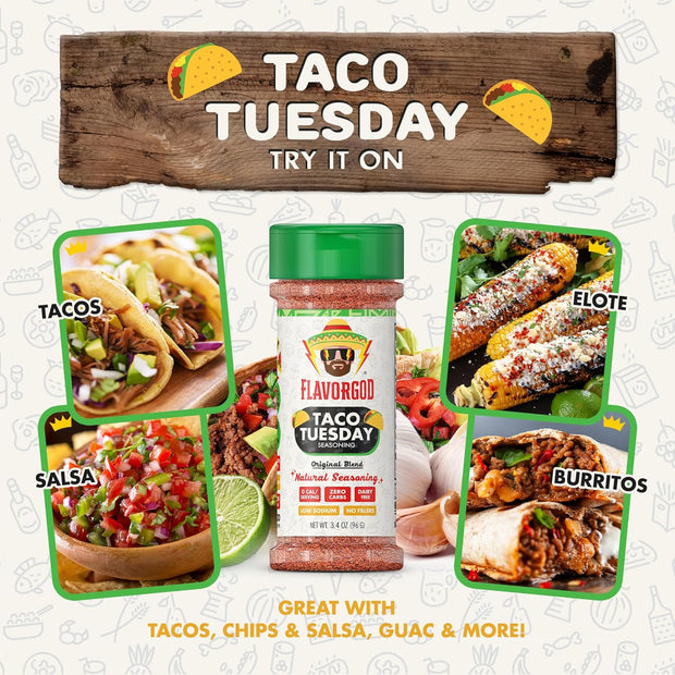 Taco Tuesday Seasoning Mix by Flavor God - Premium All Natural & Healthy Spice Blend for Grilling Chicken, Beef, Seafood, Vegetables, Salad, Ravioli, Pizza, & Pasta - Kosher, Gluten-Free, Dairy-Free, Vegan, Keto Friendly