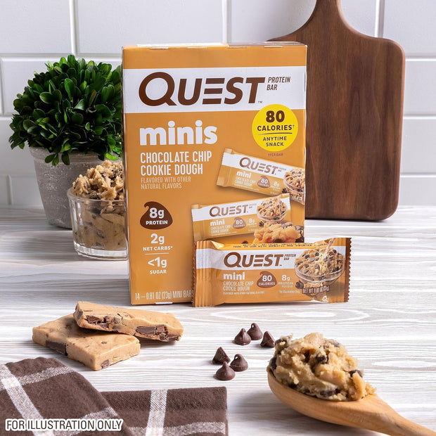 Quest Nutrition Mini Chocolate Chip Cookie Dough Protein Bars, 8g Protein, 1g Sugar, 2g Net Carbs, Gluten Free, 14 Count