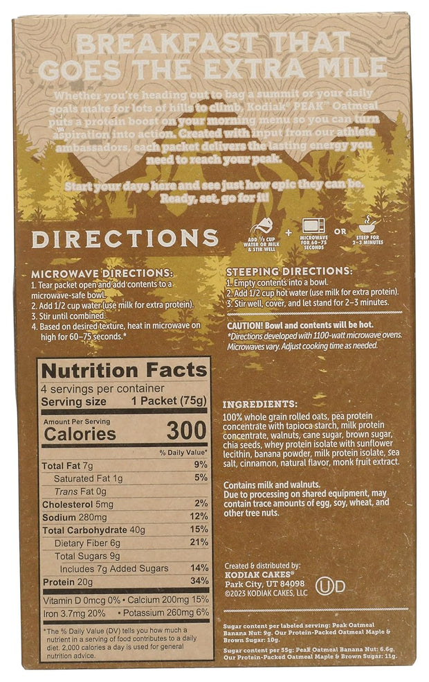 Kodiak Peak Instant Oatmeal Packets, Banana Nut, High Protein,100% Whole Grains, 1 box with 4 packets