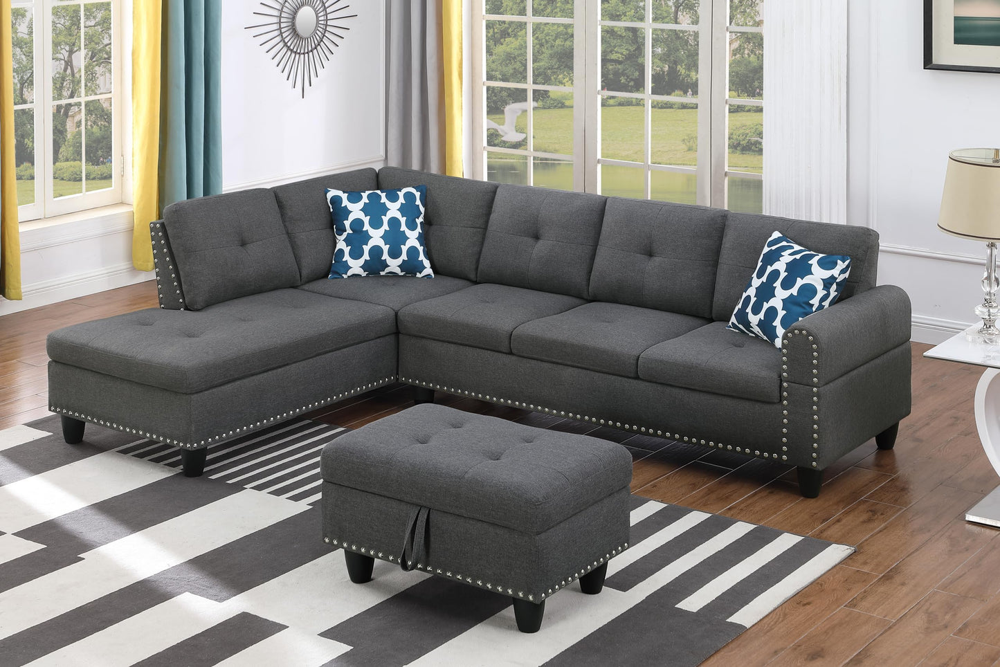 Sectional Sofa Couch, Modern 4-Seaters Living Room Furniture Sets with Chaise Lounge, Ottoman & 2 Pillows | L Shape Couch | Cup Holder | Faux PU Leather, Black
