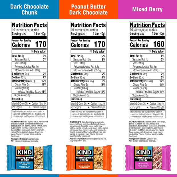 KIND Healthy Grains Energy® Bars 30ct Variety Pack, Dark Chocolate Chunk, Peanut Butter Dark Chocolate, and Mixed Berry, 18-21g Whole Grains, Made with Super Grains, Gluten Free Snacks