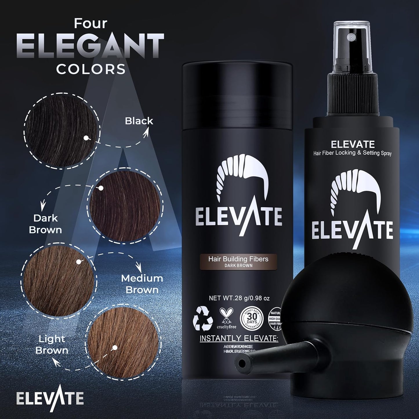 ELEVATE Hair Perfecting 3-in-1 Kit Set Includes Natural Thickening Fibers, Applicator Pump Nozzle & Locking Hold Spray | Instantly Conceal Balding Areas (Dark Brown)