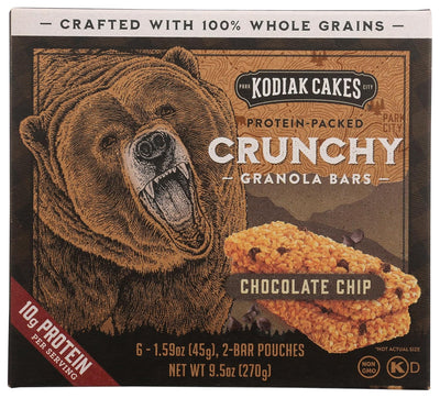 Kodiak Crunchy Granola Snack Bars, Chocolate Chip, High Protein, 100% Whole Grains, 1 box with 6 pouches (12 bars)