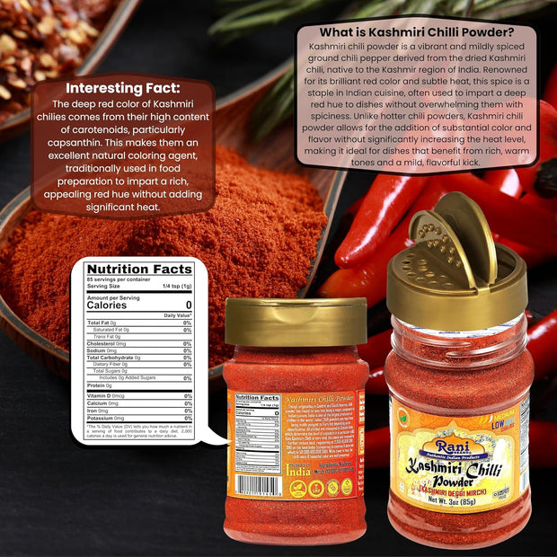 Rani Kashmiri Chilli Powder (Deggi Mirch, Low Heat) Ground Indian Spice 16oz (1lb) 454g PET Jar ~ All Natural | Salt-Free | Vegan | Kosher | Gluten Friendly
