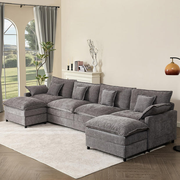 108" U Shaped Couch, Modular Sectional Sofa, 3-Seater Comfy Cloud Couch with Movable Ottoman, Deep Seat Couches for Living Room, Chenille, Slate