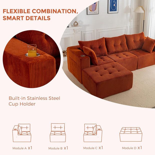MAXYOYO Modular Sectional Sofa Couch, L Shaped Modern Cloud Couch with 1 Ottoman, Sofa in A Box, Tufted 4-Seat Boneless Sleeper Chair for Living Room, No Assembly Required, Orange