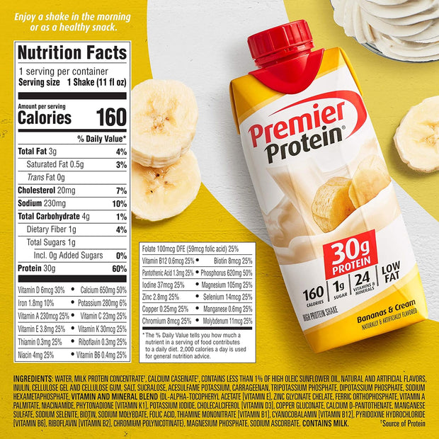Premier Protein, 30g Shakes Bananas and Cream, 44 Fl Oz, Pack of 4