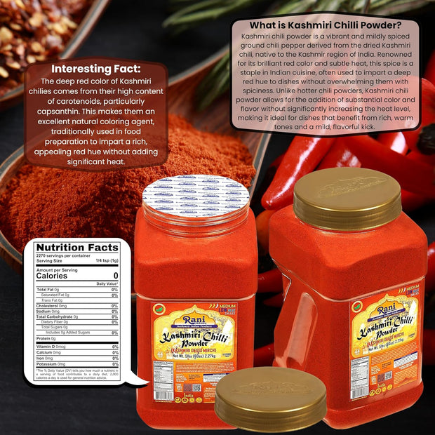 Rani Kashmiri Chilli Powder (Deggi Mirch, Low Heat) Ground Indian Spice 16oz (1lb) 454g PET Jar ~ All Natural | Salt-Free | Vegan | Kosher | Gluten Friendly
