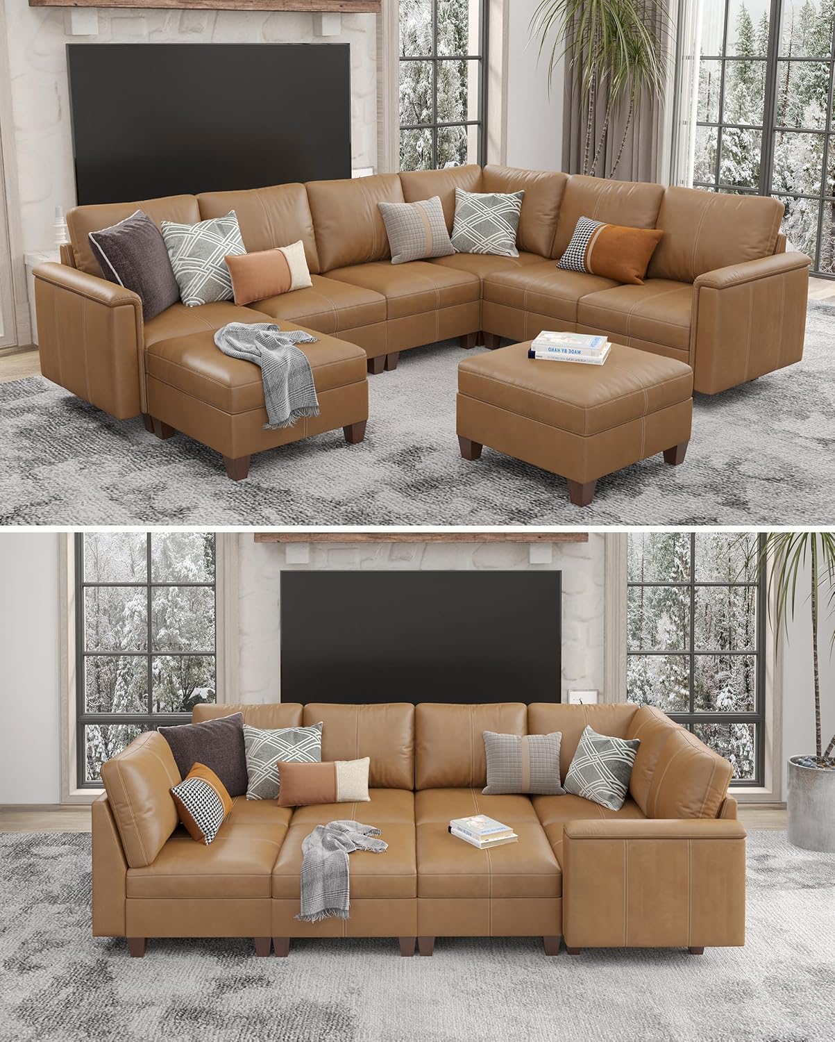 Faux Leather Modular Sectional Couches for Living Room, Modular Convertible U-Shaped Sectioanl Sofa with Storage & Ottoman, Brown